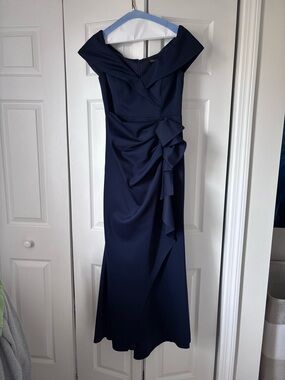 Xscape 8 Petite Navy Off-Shoulder Ruffled Evening Gown